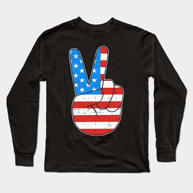 Peace hand sign with USA American flag for 4th of July Long Sleeve T-Shirt by Designzz